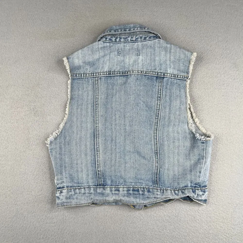 Chiqle Denim Vest Jacket Button Up Youth Girls Size Medium Blue Pockets